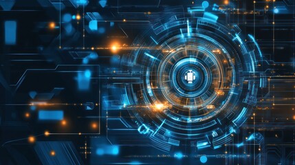 Abstract digital technology background with glowing circles and lines.