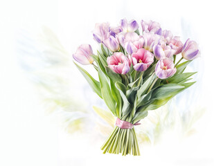 Fototapeta premium Beautiful bouquet of pastel tulips with purple and pink hues displayed against a soft background