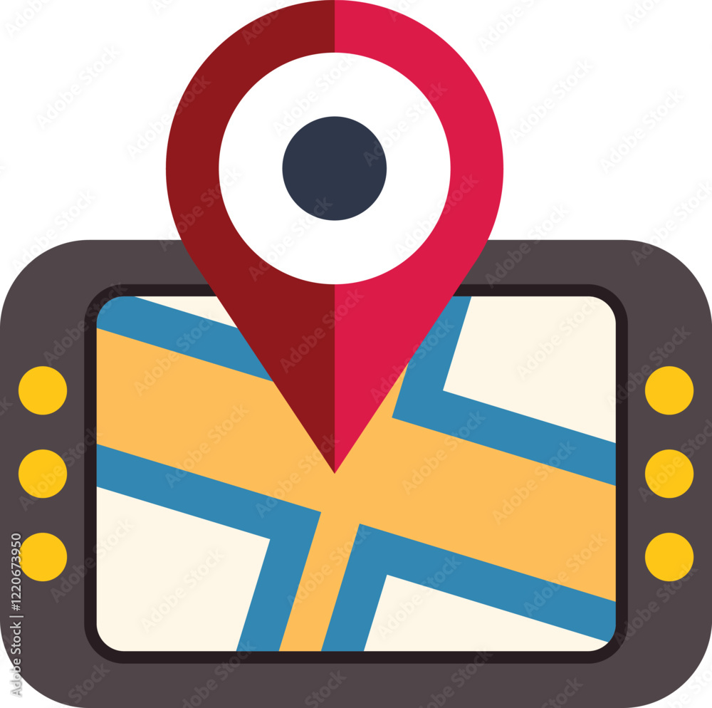 Poster gps navigation system showing the location with a red pin pointer over a map