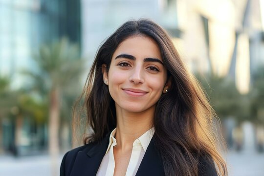 Closeup headshot outdoor portrait of young middle eastern Israel businesswoman standing office building.