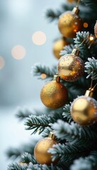 Frosty Christmas tree with glowing golden balls against a white background bokeh and empty space, snowy, christmas tree