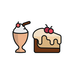 Milkshake drink and cheesecake food icon illustrated in a vibrant and playful cartoon style, bursting with cheerful colors and dynamic details, ideal for casual dining, fun branding, and creative desi