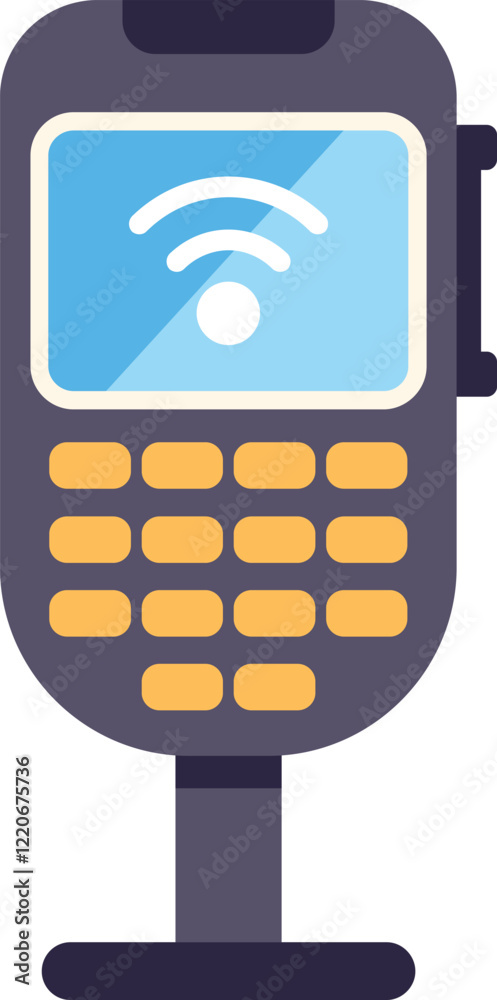 Poster modern wireless pos terminal is displaying a wifi connection, enabling contactless payments