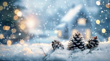 Naklejka premium Snowy Pine Cones In Winter Wonderland