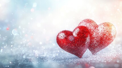 Fototapeta premium Two red glitter hearts on white bokeh background for romantic and valentine's day design