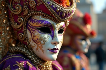 Fototapeta premium Elegant venetian carnival masks with intricate gold designs in colorful festival