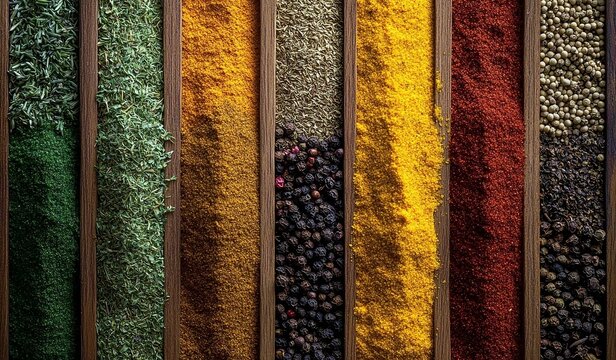 Colorful assortment of spices and herbs arranged in parallel lines on a wooden surface showcasing vibrant textures and hues
