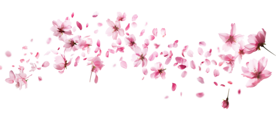 Pink cherry blossoms petals blowing in the air. Natural flow movement isolated on against transparent background.