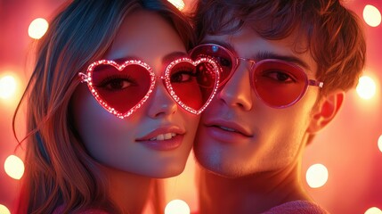 Valentines day love and happiness with heart-shaped glasses and romantic lighting