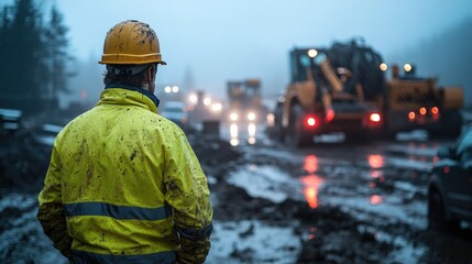 Construction Worker Amidst Foggy Site Construction