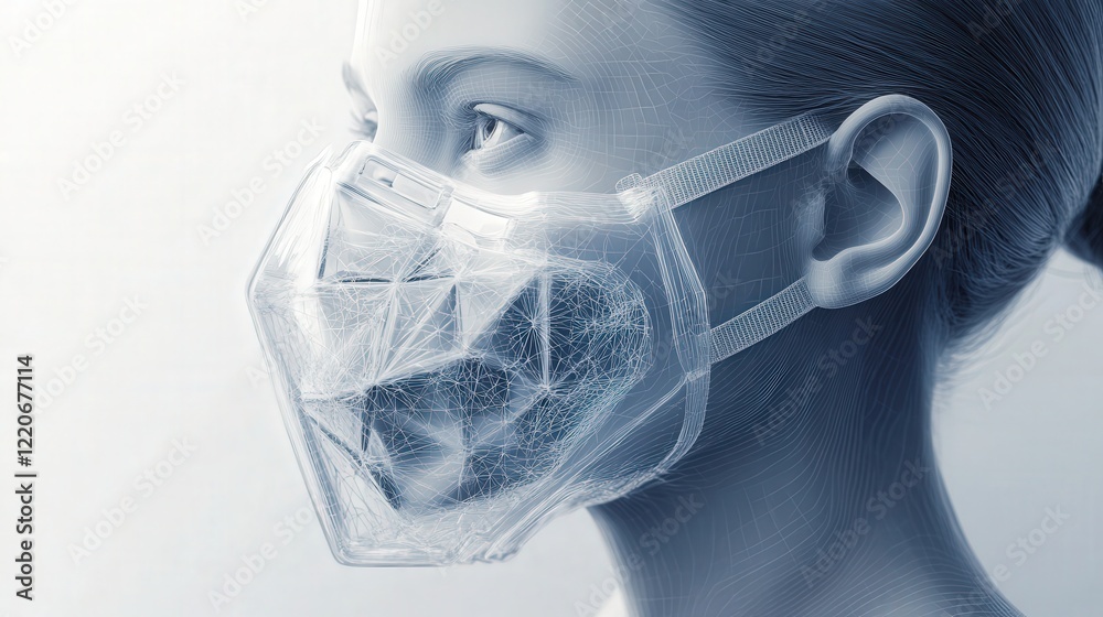 Poster conceptual diagram showing the structure of a dust mask, focusing on its ability to filter pm 2.5 pa
