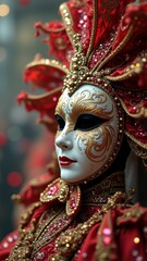 Intricate venetian mask with red gold embellishments
