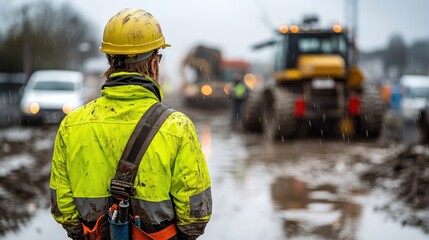 Fototapeta premium Focused Worker Observing Construction Operations