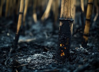 Obraz premium The charred bamboo stands in the ground, and there are some ashes on it. High-definition photography. 