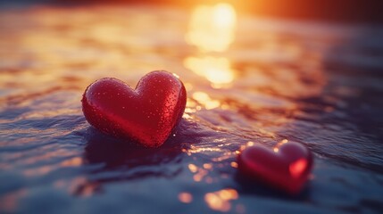Fototapeta premium Romantic valentine's day hearts on ocean at sunset - love and celebration theme