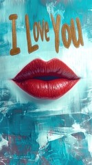 I love you text and red kissing lips close up