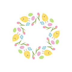 Easter frame isolated on transparent and white background. Wreath. Yellow cute chick and painted Easter eggs. Flowers pink tulips on stem with green leaves. Vector illustration. Element close-up.