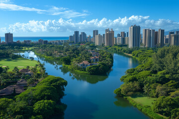 Obraz premium Aerial View of Luxurious Waterfront Cityscape with River and Golf Course