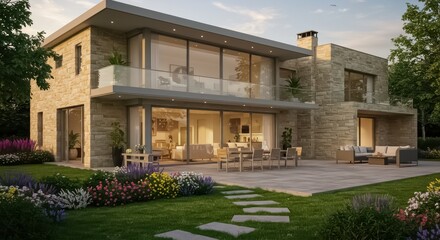 Obraz premium A contemporary luxury home with an expansive glass facade and open architectural design
