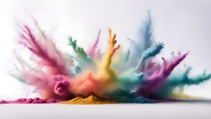 Obraz premium Vibrant rainbow powder explosion against a white background.