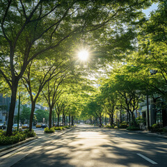 Sunlit Urban Oasis: A Street Canopied by Lush Green Trees