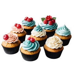 A row of beautifully decorated cupcakes on a transparent background PNG