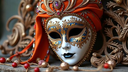 Ornate venetian mask with gold and blue intricate designs among decorative ornaments