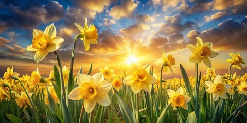 Double Exposure: Daffodil Field Dream, Spring Blossoms & Sunlit Sky