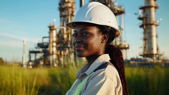 A woman engineer stands proudly in front of an oil refinery with tall structures in the background. The setting sun casts a warm glow on the scene. She wears a hard hat and work attire