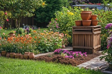 Naklejka premium A backyard with neatly arranged flower beds, a wooden compost bin, and a stack of clay pots ready for planting