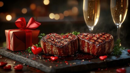 Romantic dinner: heart-shaped steaks with champagne and gift for valentine's celebration