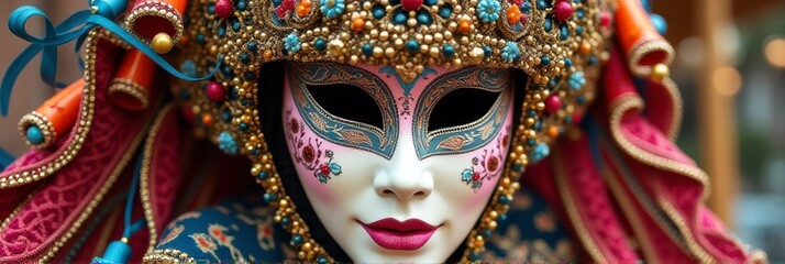 Fototapeta premium Ornate venetian carnival mask with blue and gold details