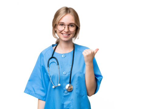 Young nurse English woman over isolated background pointing to the side to present a product