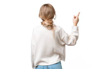 Young photographer English woman over isolated background pointing back with the index finger