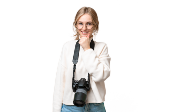 Young photographer English woman over isolated background with glasses and smiling
