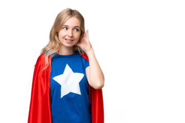 Super Hero English woman over isolated background listening to something by putting hand on the ear