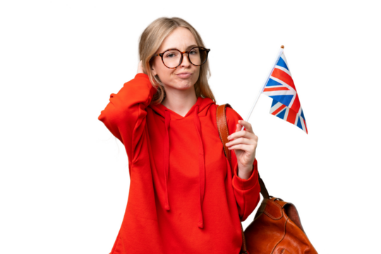 Young hispanic woman holding an United Kingdom flag over isolated background having doubts