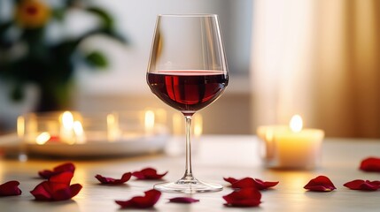 Valentine's Day romantic dinner concept glass of wine on the table with rose petals and candles