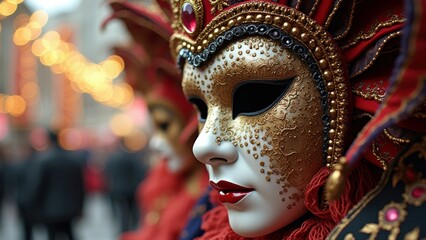Fototapeta premium Venetian carnival mask with gold detailing and red headdress in festive setting