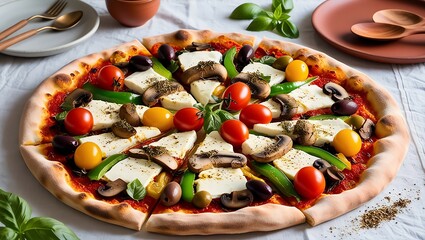 mouthwatering close-up of a freshly baked vegetarian pizza, sliced into triangular pieces, featuring an array of vibrant toppings including plump, red tomatoes, earthy brown mushrooms, strings of crea