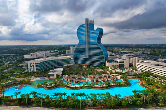 Hollywood, FL USA - January 20, 2025:  Seminole Hard Rock Casino Oasis Tower guitar shaped hotel.