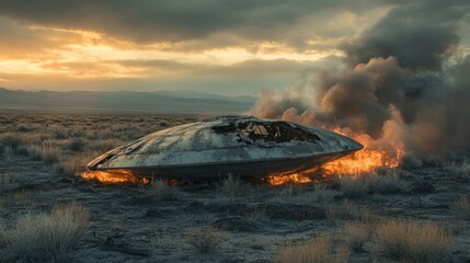 Crashed ufo on fire in desert at sunset