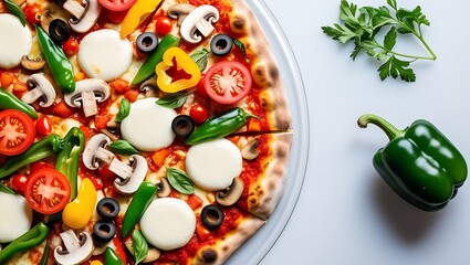 white gooey mozzarella, crunchy, emerald green bell peppers, and succulent, dark purple olives, all perfectly arranged on a warm, golden crust, with subtle hints of melted cheese and herbs,