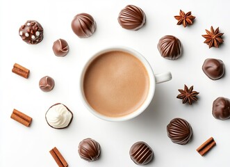 A cup of coffee with cream, cinnamon, and chocolate candies on a white background. Flat lay, top view. Composition for a menu card or promotional material. 