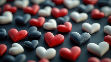 Romantic pattern of red and white hearts on dark background for valentine's day and love themes