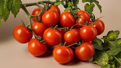 A vibrant cluster of plump, red tomatoes still clinging to their lush green vine, carefully arranged to showcase their natural beauty, with each tomato gently nestled together to form a visually appea