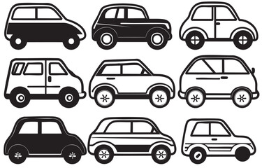 Black and white flat vector car icons in seamless style for minimalist design