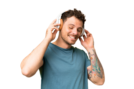 Brazilian man over isolated chroma key background listening music and singing