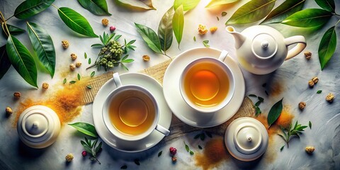 Double Exposure: White Teapot & Black Tea Cups, Top View - Aromatic Herbal Brew