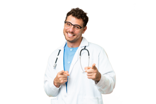 Brazilian doctor man over isolated chroma key background pointing to the front and smiling